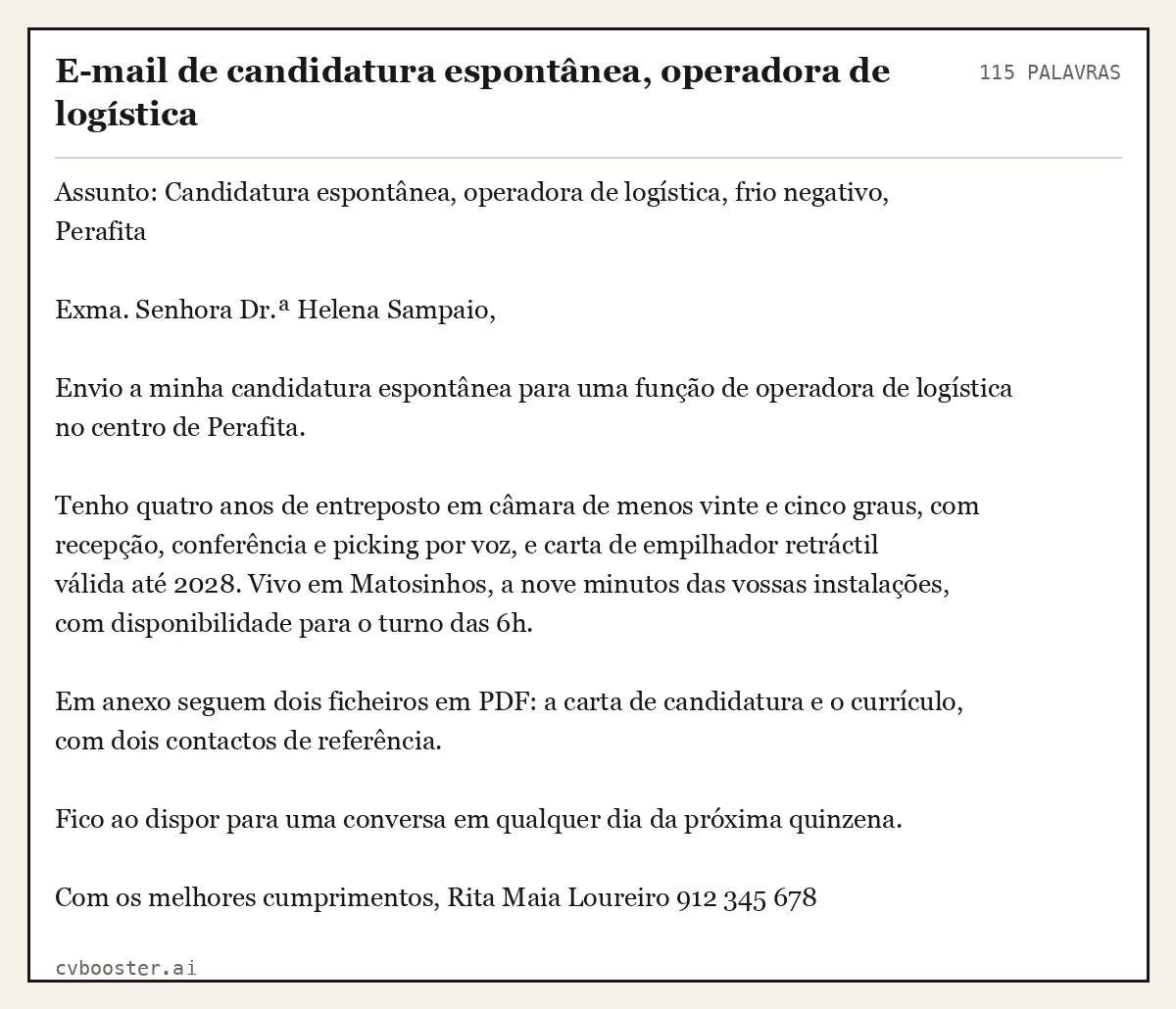 Exemplo completo: E-mail de candidatura espontânea, operadora de logística, 115 palavras