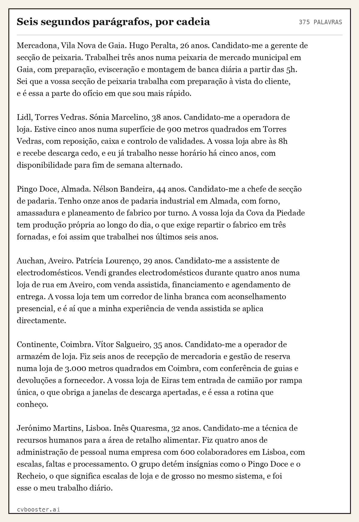 Exemplo completo: Seis segundos parágrafos, por cadeia, 375 palavras