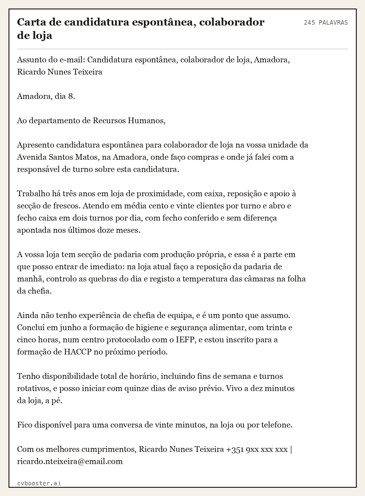 Exemplo completo: Carta de candidatura espontânea, colaborador de loja, 245 palavras