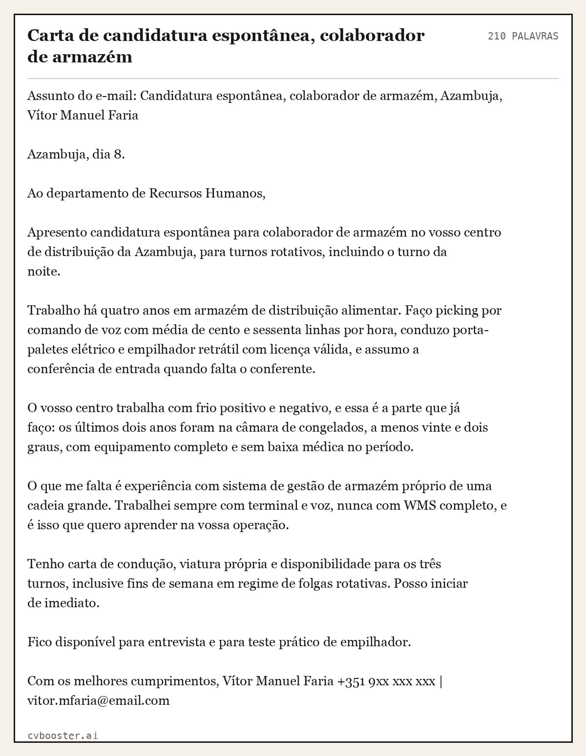 Exemplo completo: Carta de candidatura espontânea, colaborador de armazém, 210 palavras