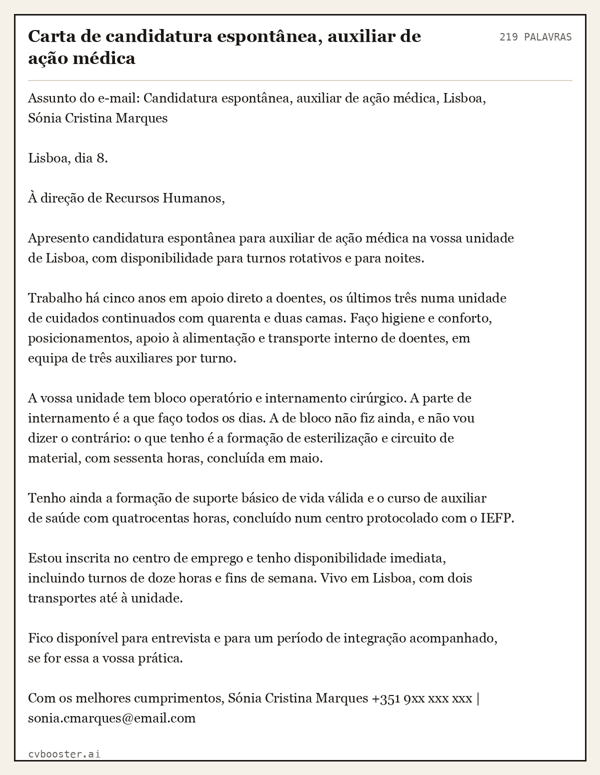 Exemplo completo: Carta de candidatura espontânea, auxiliar de ação médica, 219 palavras