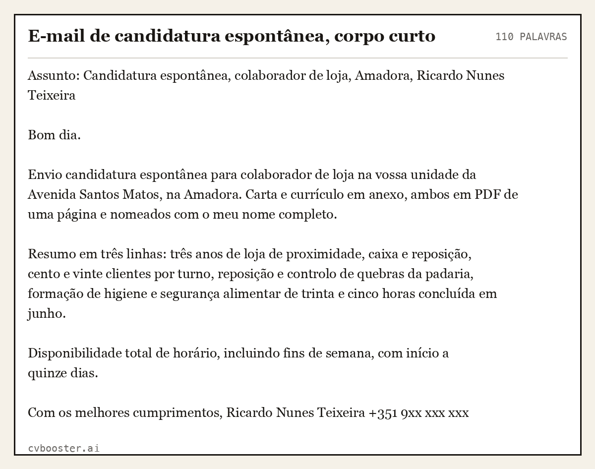 Exemplo completo: E-mail de candidatura espontânea, corpo curto, 110 palavras