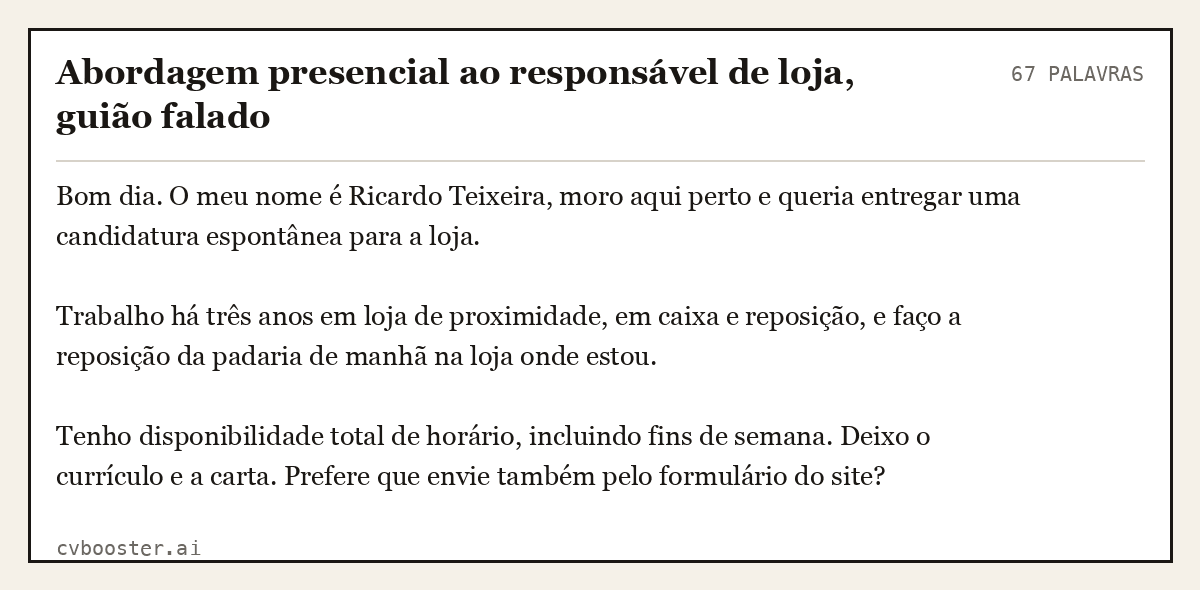Exemplo completo: Abordagem presencial ao responsável de loja, guião falado, 67 palavras