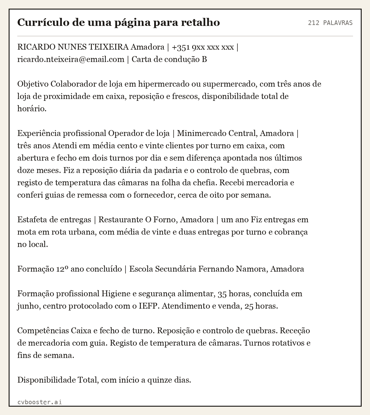 Exemplo completo: Currículo de uma página para retalho, 212 palavras