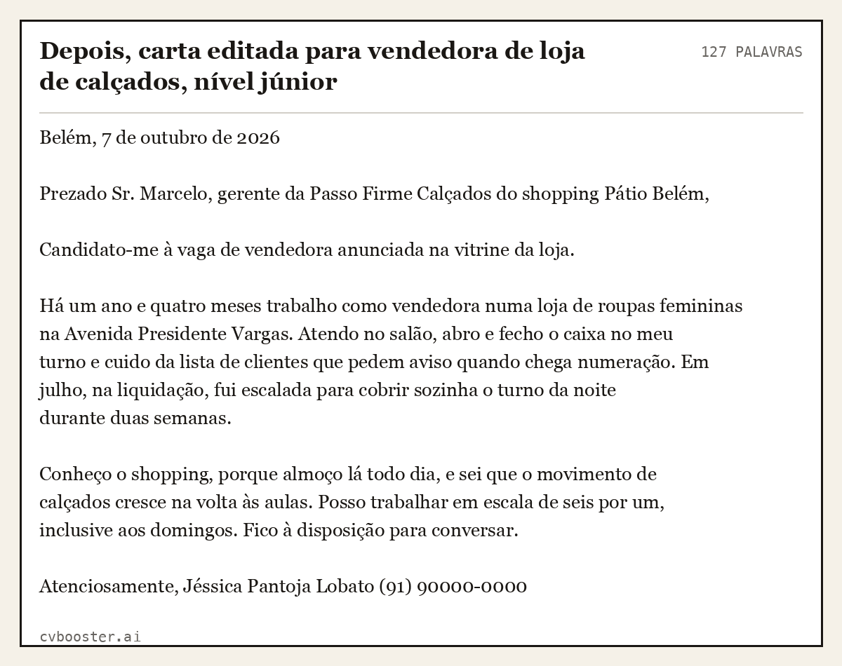 Exemplo completo: Depois, carta editada para vendedora de loja de calçados, nível júnior, 127 palavras