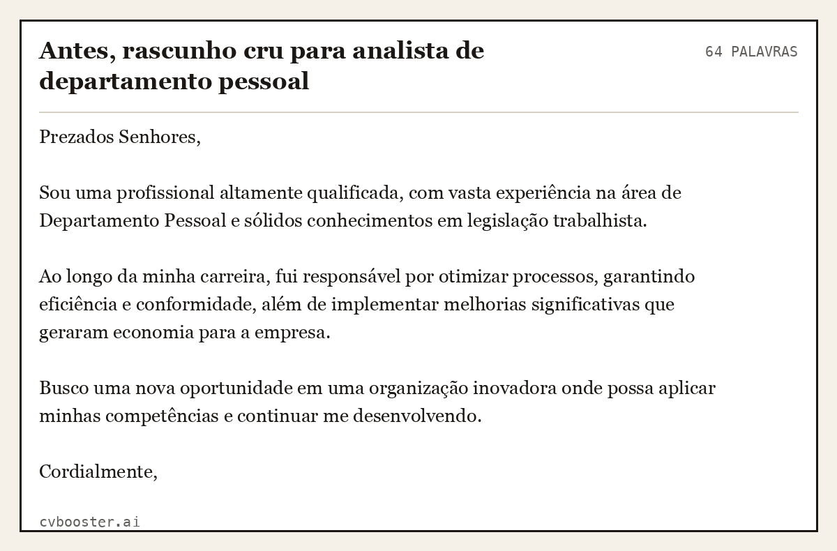 Exemplo completo: Antes, rascunho cru para analista de departamento pessoal, 64 palavras