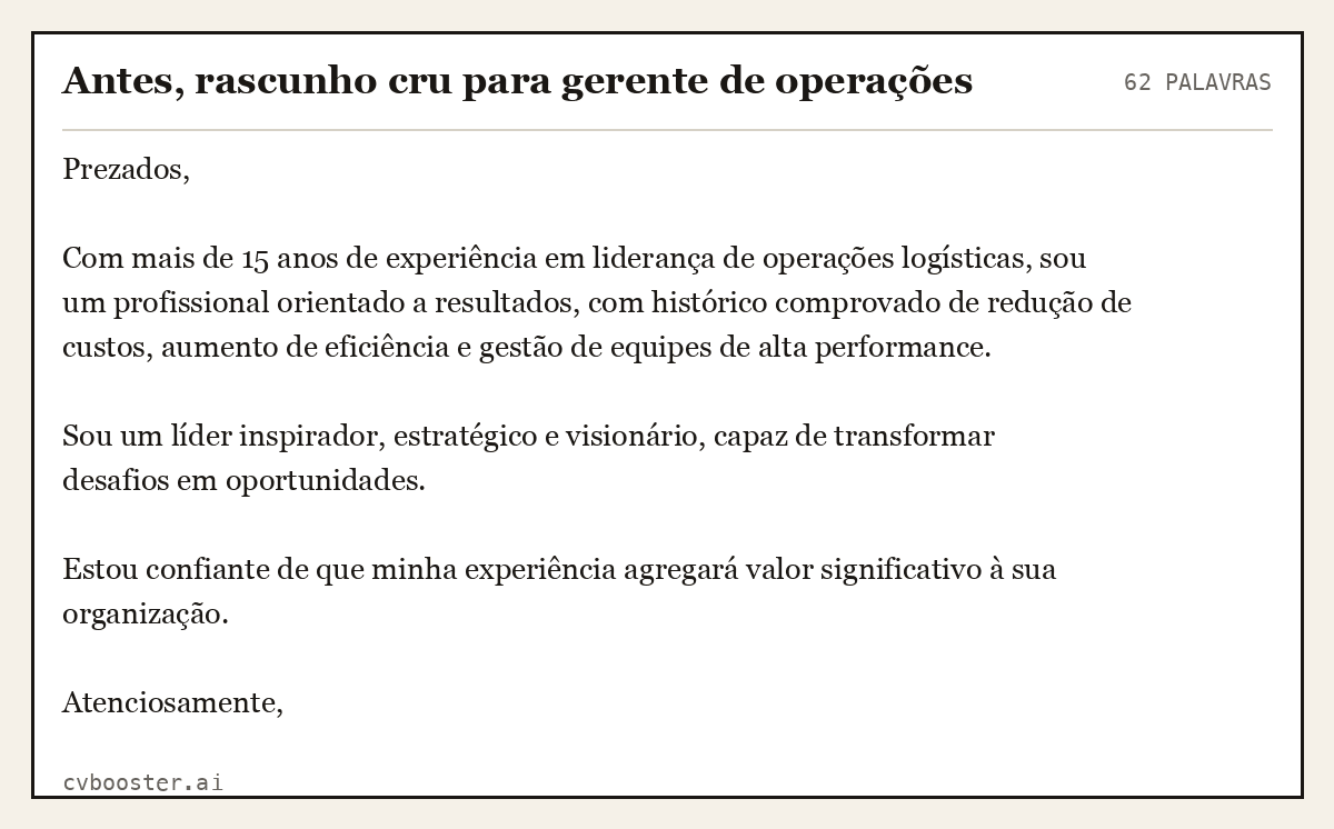 Exemplo completo: Antes, rascunho cru para gerente de operações, 62 palavras