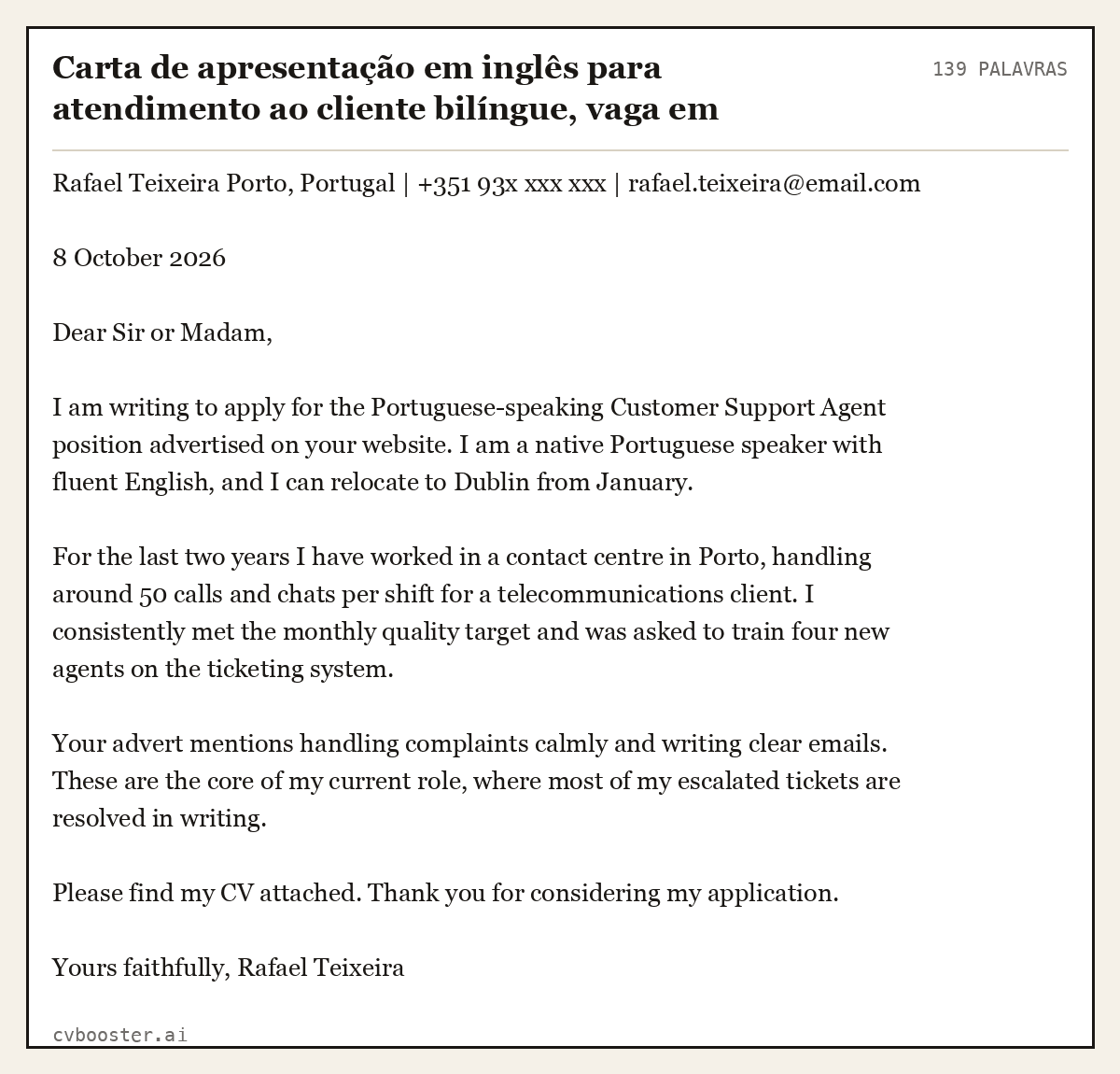 Exemplo completo: Carta de apresentação em inglês para atendimento ao cliente bilíngue, vaga em Dublin (júnior), 139 palavras