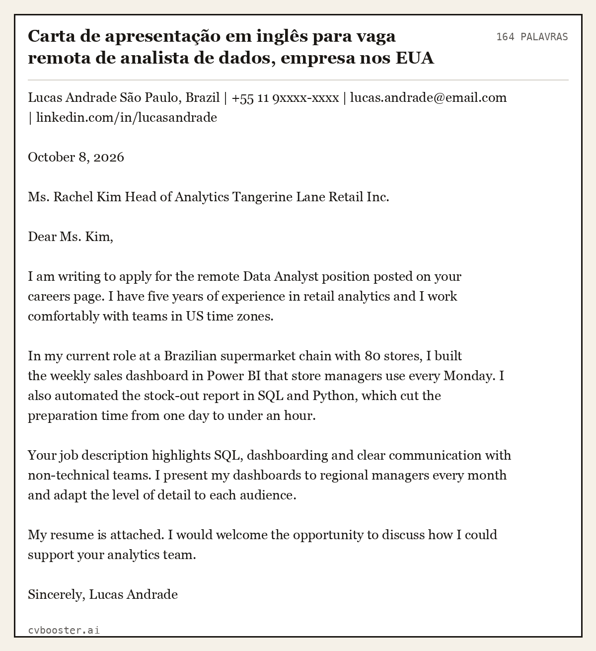 Exemplo completo: Carta de apresentação em inglês para vaga remota de analista de dados, empresa nos EUA (pleno), 164 palavras