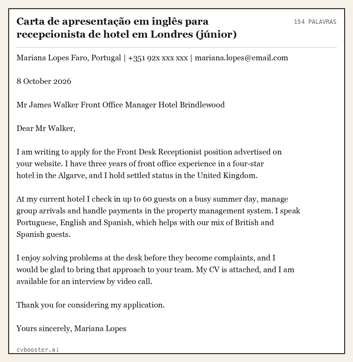 Exemplo completo: Carta de apresentação em inglês para recepcionista de hotel em Londres (júnior), 154 palavras