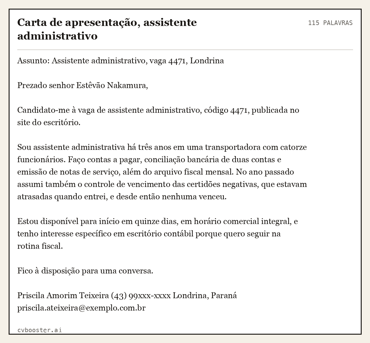 Exemplo completo: Carta de apresentação, assistente administrativo, 115 palavras