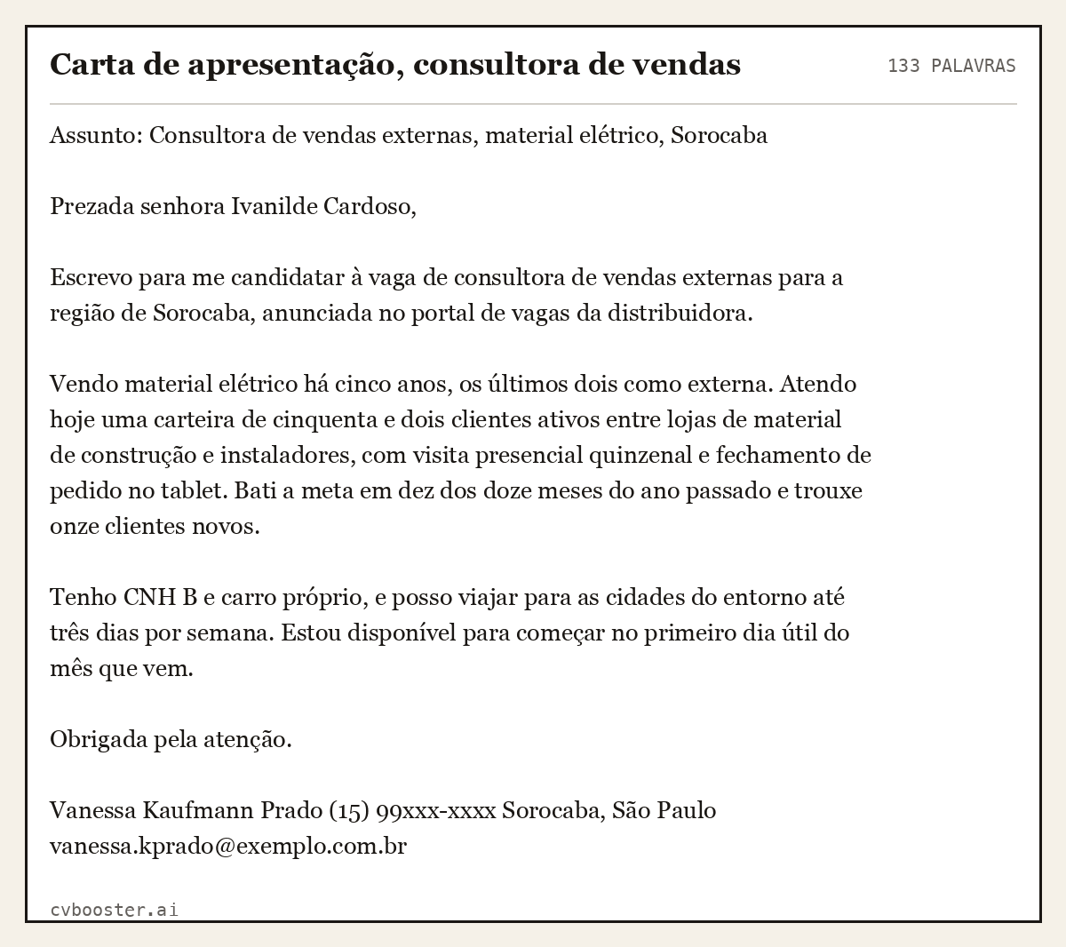 Exemplo completo: Carta de apresentação, consultora de vendas, 133 palavras