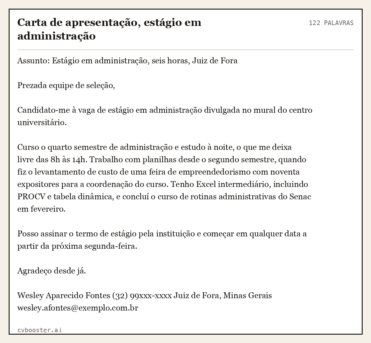 Exemplo completo: Carta de apresentação, estágio em administração, 122 palavras