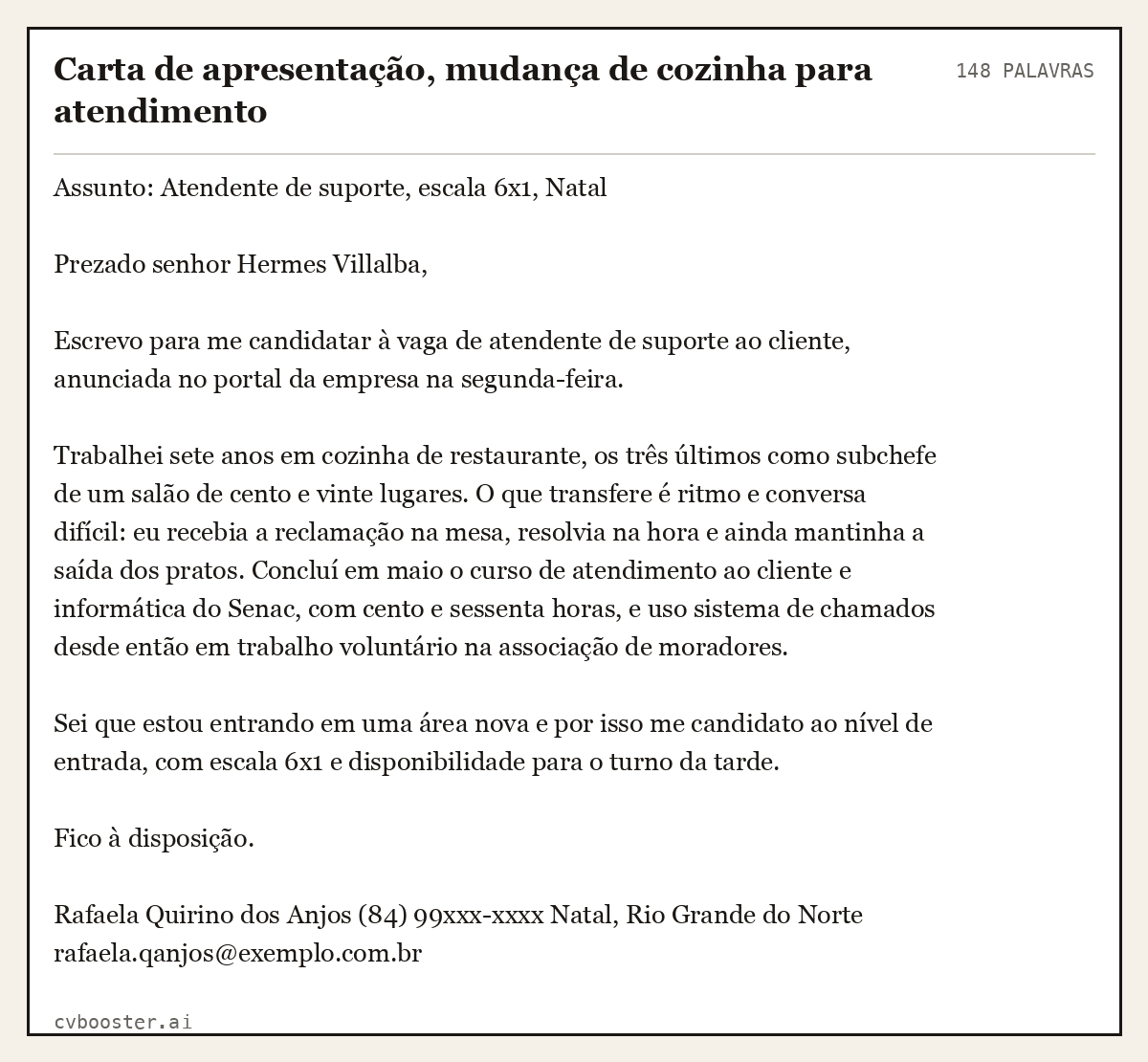 Exemplo completo: Carta de apresentação, mudança de cozinha para atendimento, 148 palavras