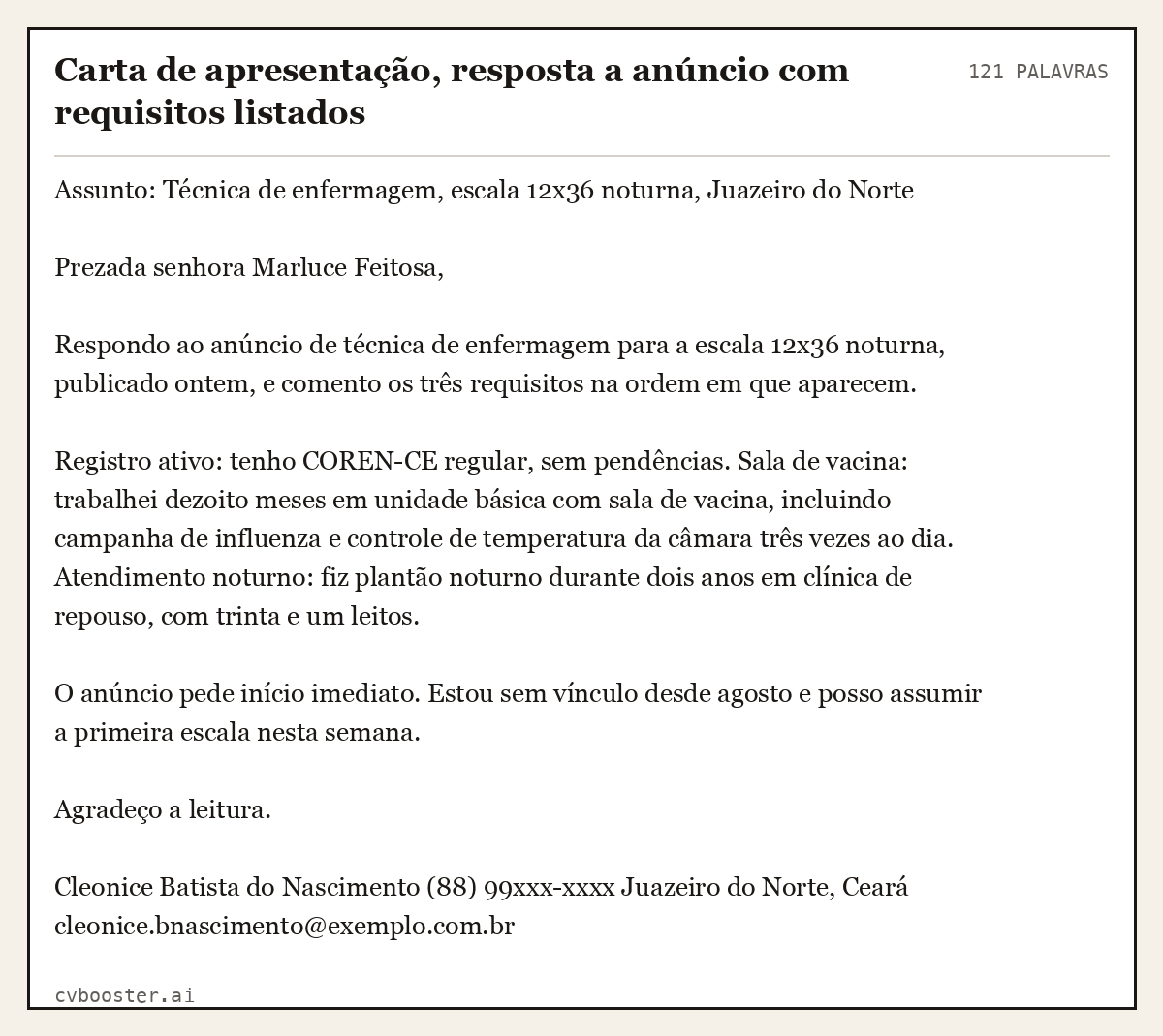 Exemplo completo: Carta de apresentação, resposta a anúncio com requisitos listados, 121 palavras
