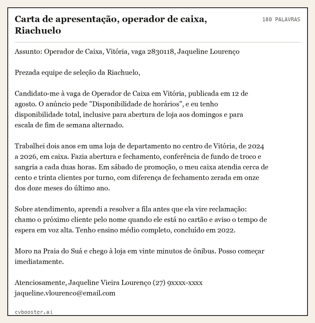 Exemplo completo: Carta de apresentação, operador de caixa, Riachuelo, 180 palavras
