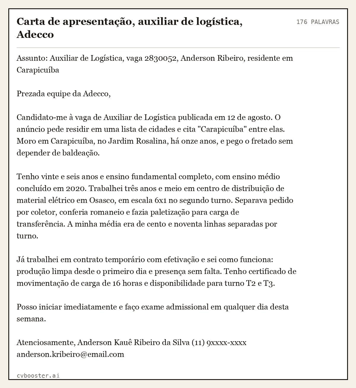 Exemplo completo: Carta de apresentação, auxiliar de logística, Adecco, 176 palavras
