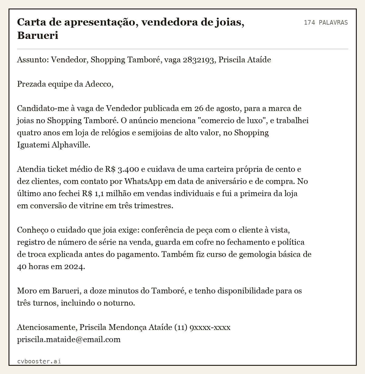 Exemplo completo: Carta de apresentação, vendedora de joias, Barueri, 174 palavras