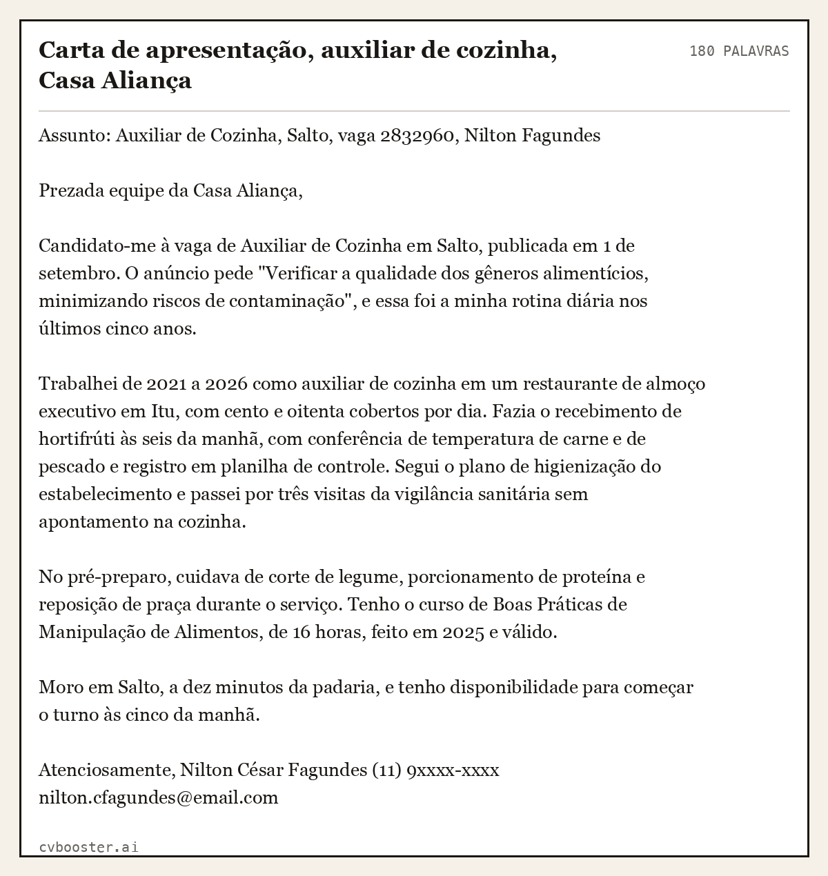 Exemplo completo: Carta de apresentação, auxiliar de cozinha, Casa Aliança, 180 palavras