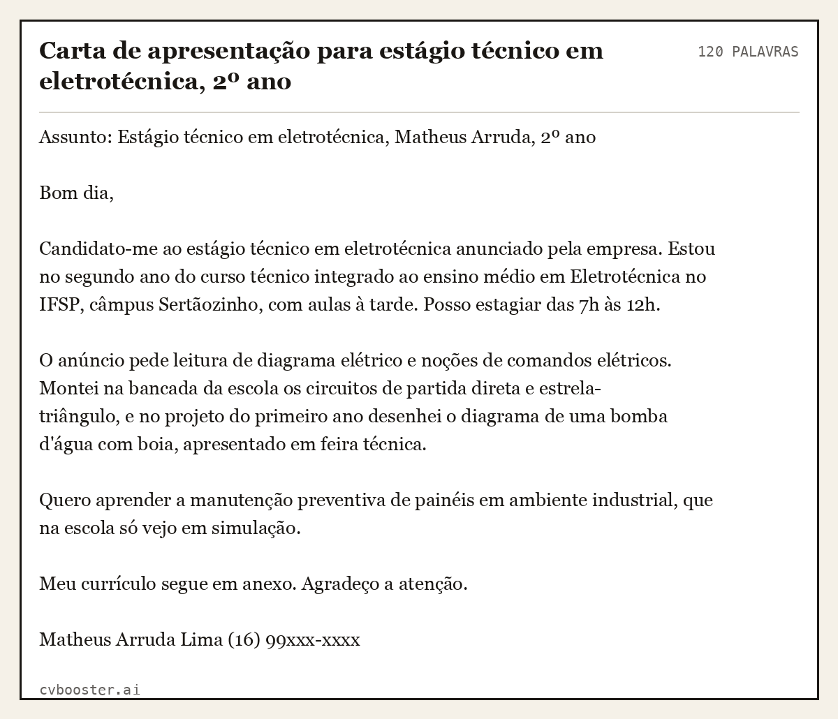 Exemplo completo: Carta de apresentação para estágio técnico em eletrotécnica, 2º ano, 120 palavras