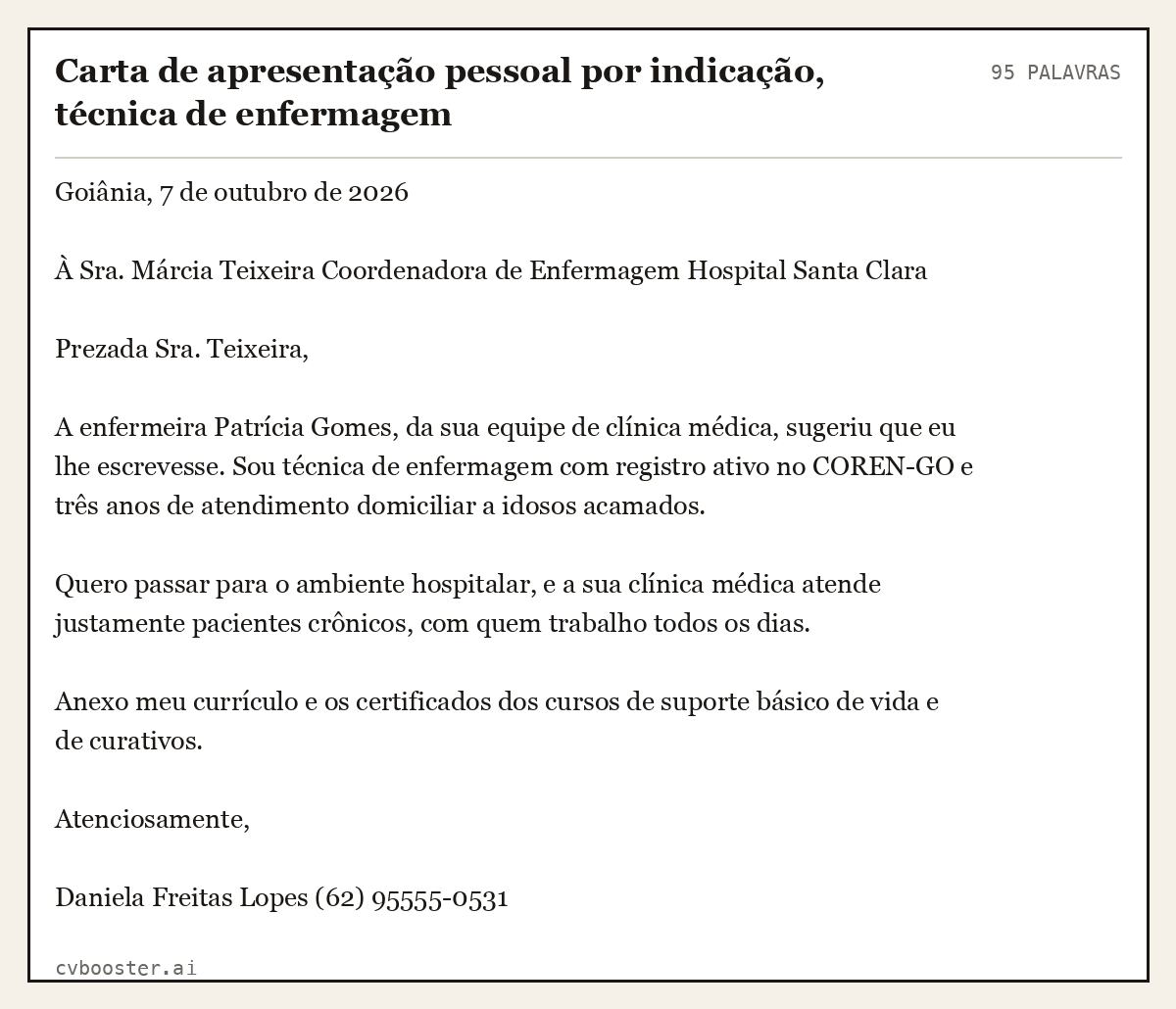 Exemplo completo: Carta de apresentação pessoal por indicação, técnica de enfermagem, 95 palavras