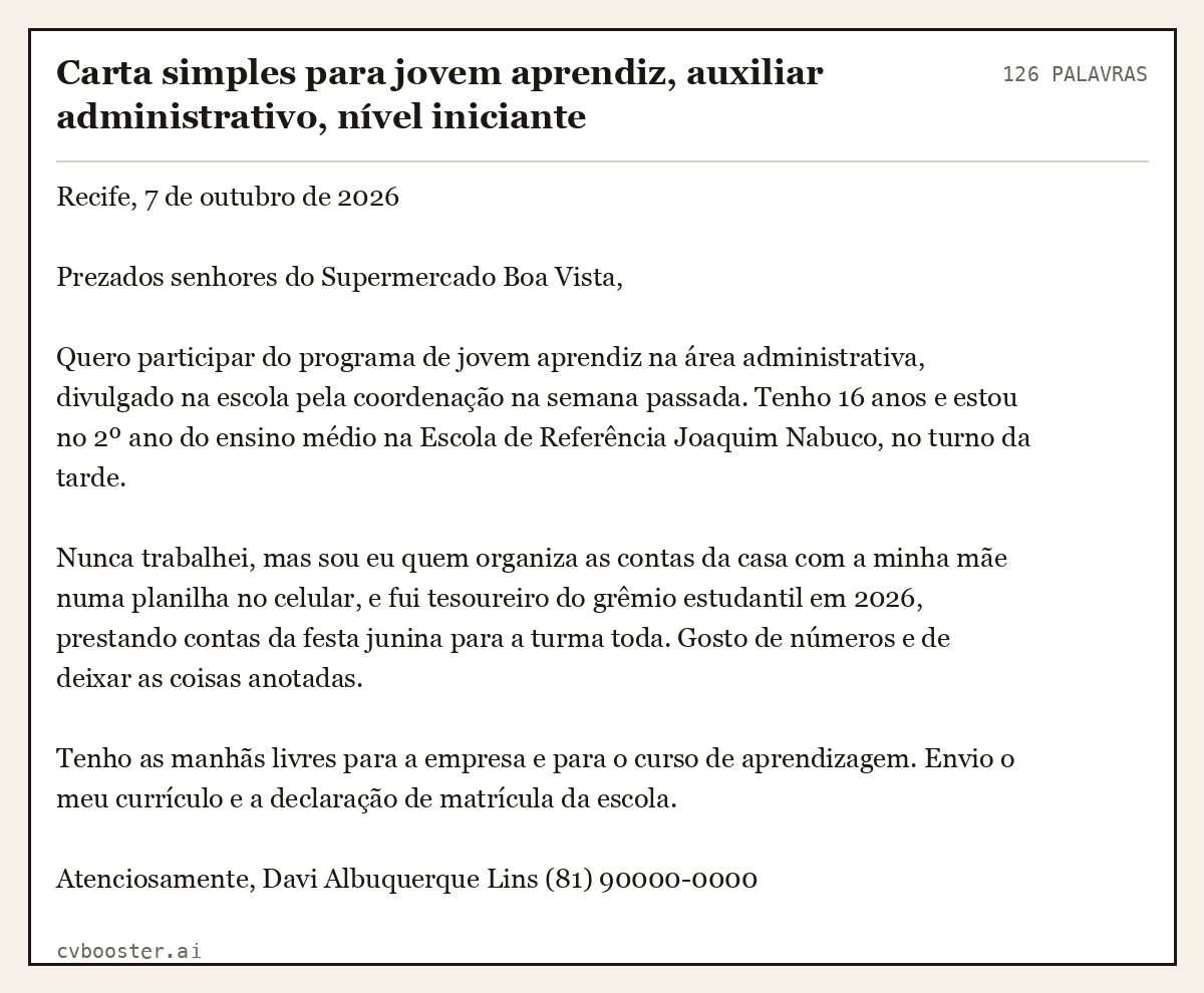 Exemplo completo: Carta simples para jovem aprendiz, auxiliar administrativo, nível iniciante, 126 palavras