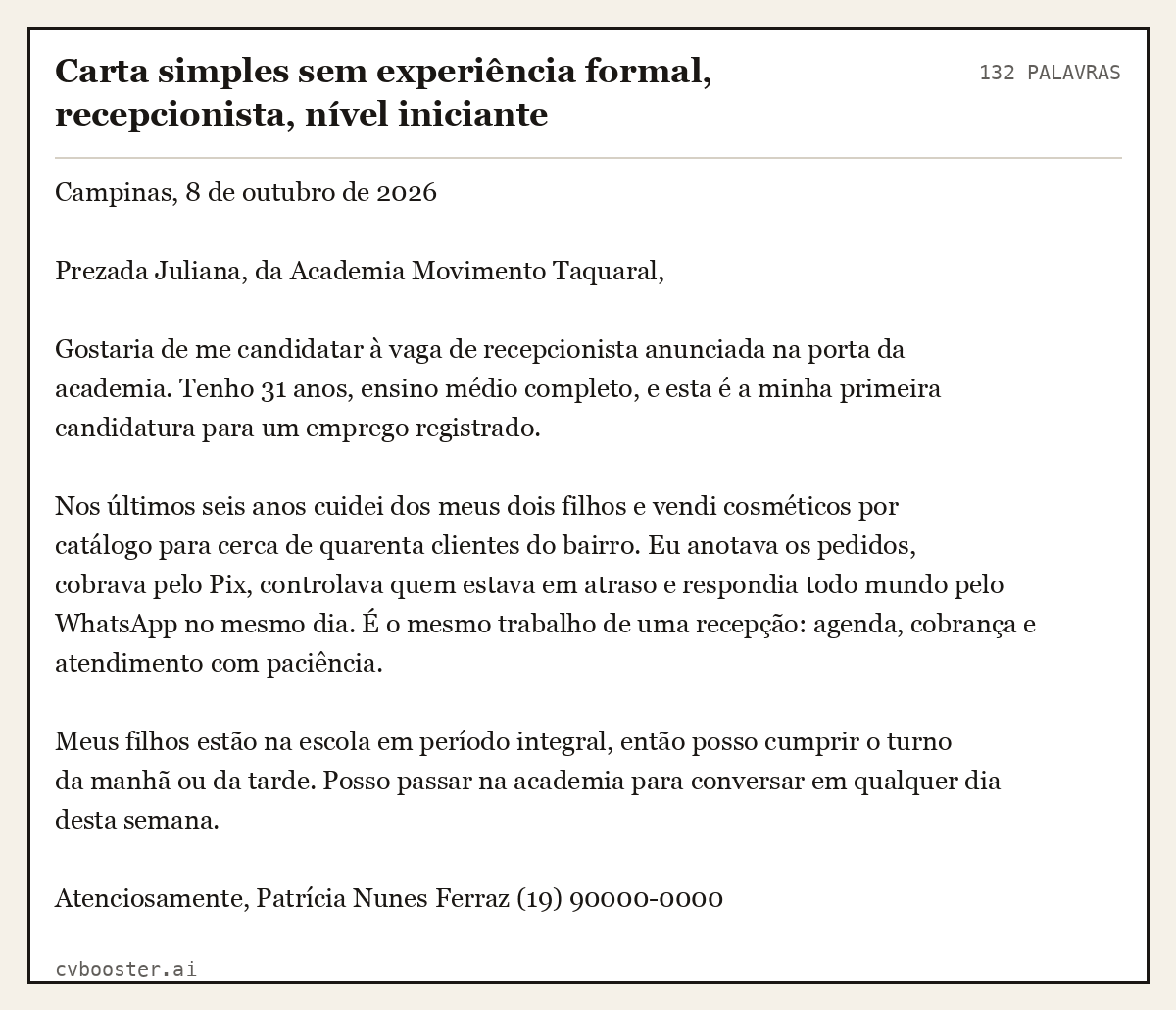 Exemplo completo: Carta simples sem experiência formal, recepcionista, nível iniciante, 132 palavras