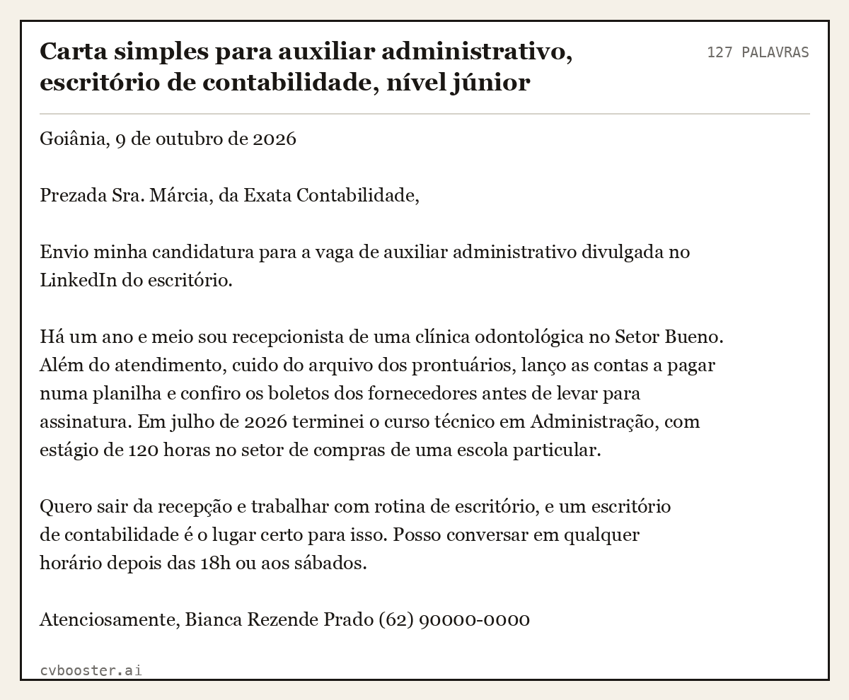 Exemplo completo: Carta simples para auxiliar administrativo, escritório de contabilidade, nível júnior, 127 palavras