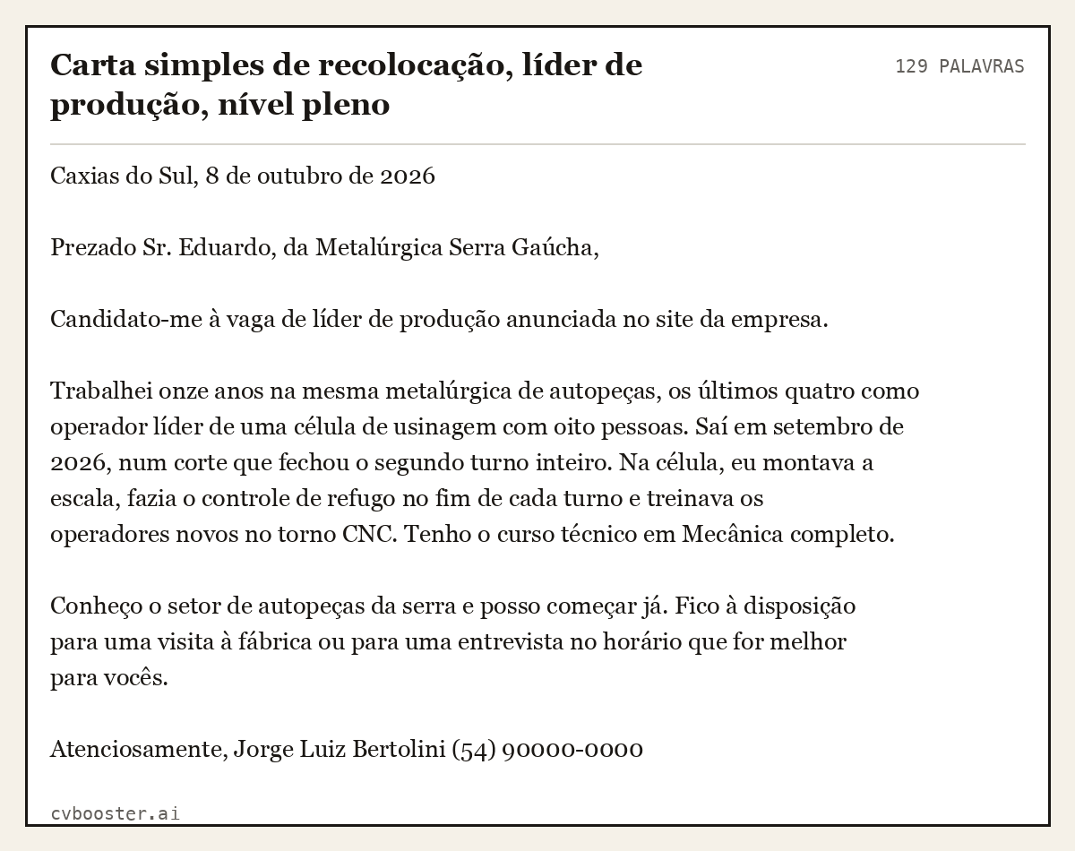 Exemplo completo: Carta simples de recolocação, líder de produção, nível pleno, 129 palavras