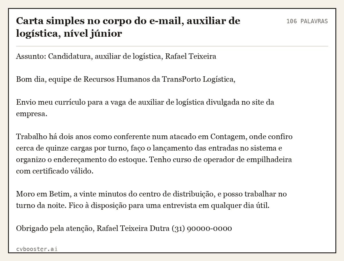 Exemplo completo: Carta simples no corpo do e-mail, auxiliar de logística, nível júnior, 106 palavras