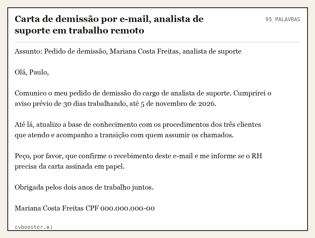 Exemplo completo: Carta de demissão por e-mail, analista de suporte em trabalho remoto, 95 palavras