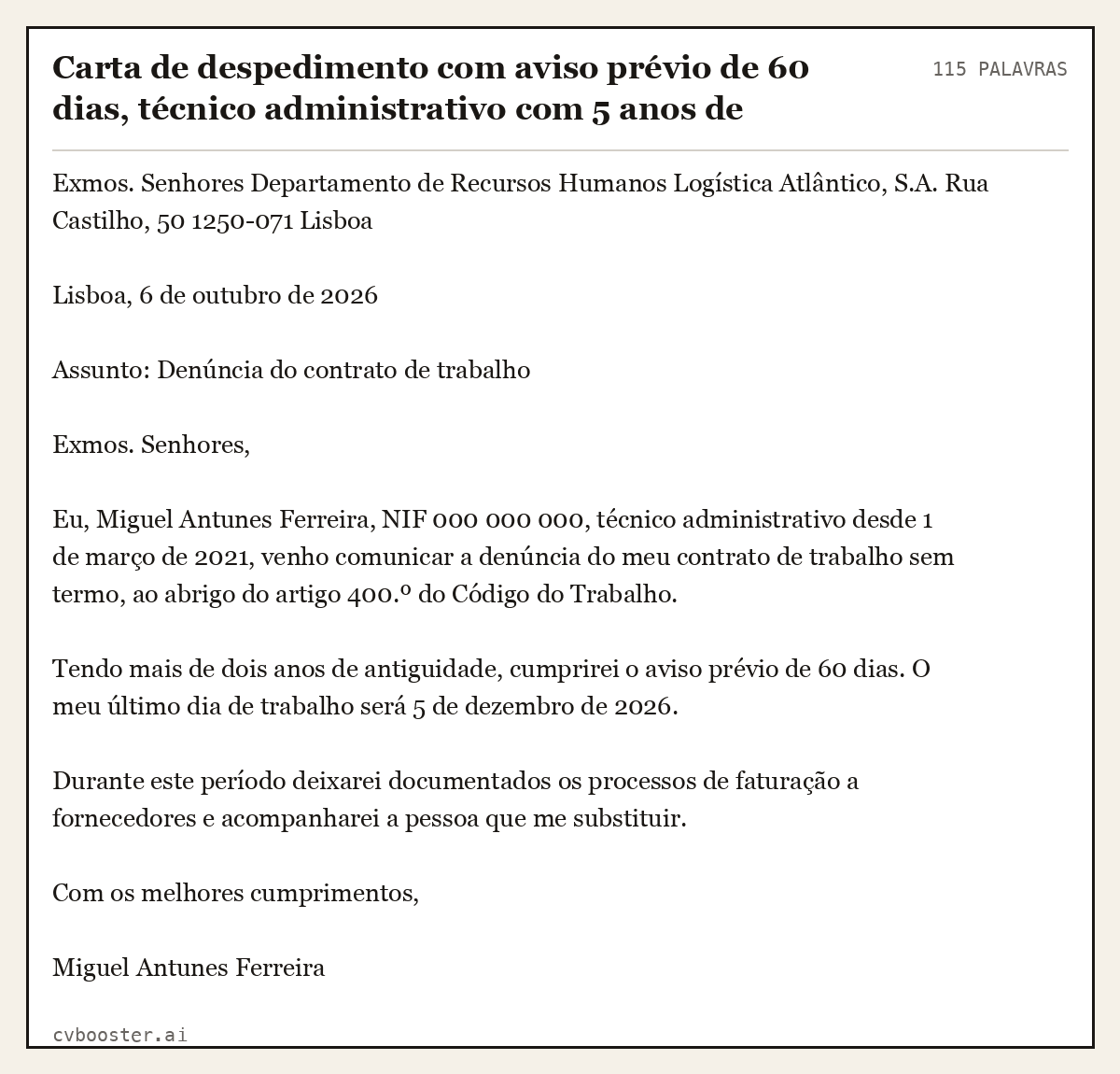 Exemplo completo: Carta de despedimento com aviso prévio de 60 dias, técnico administrativo com 5 anos de antiguidade, 115 palavras