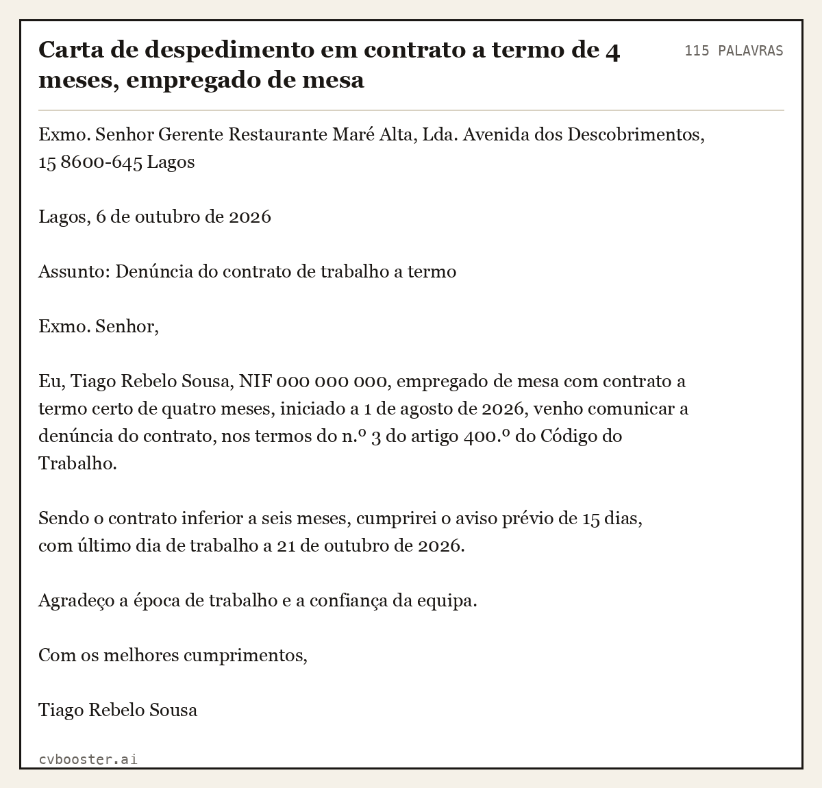 Exemplo completo: Carta de despedimento em contrato a termo de 4 meses, empregado de mesa, 115 palavras