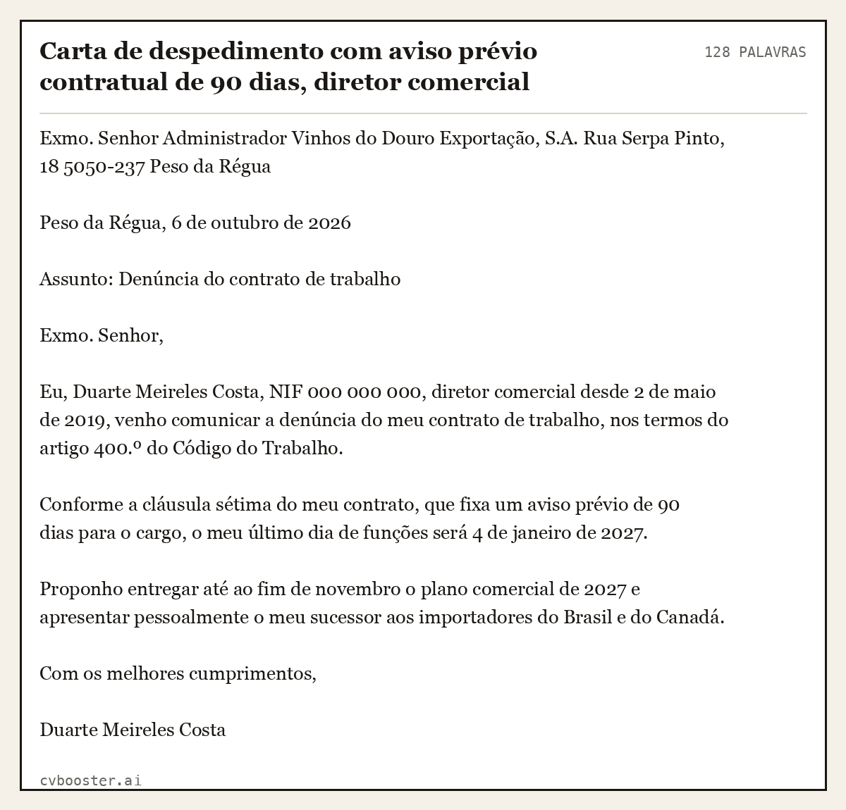 Exemplo completo: Carta de despedimento com aviso prévio contratual de 90 dias, diretor comercial, 128 palavras