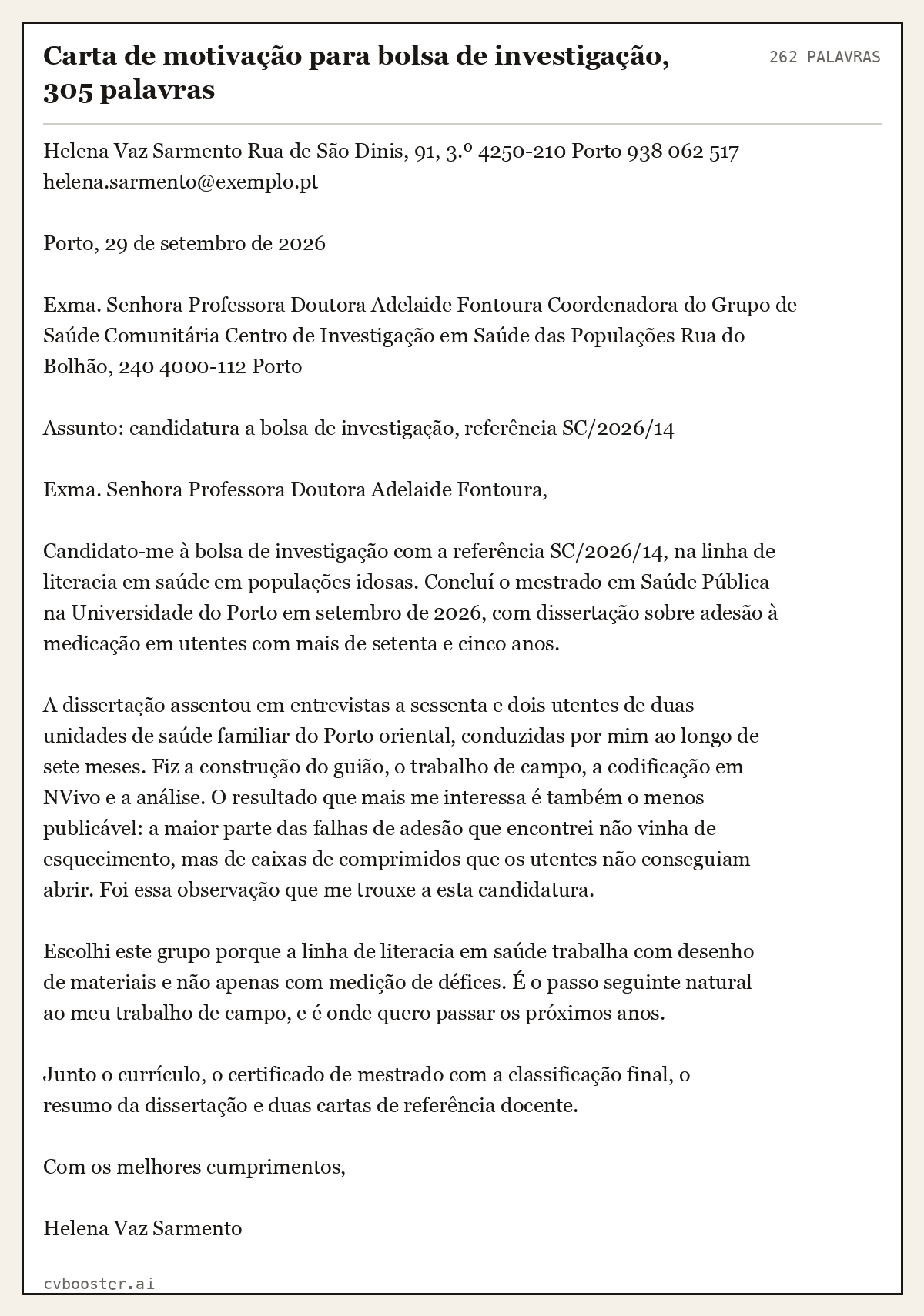 Exemplo completo: Carta de motivação para bolsa de investigação, 305 palavras, 262 palavras