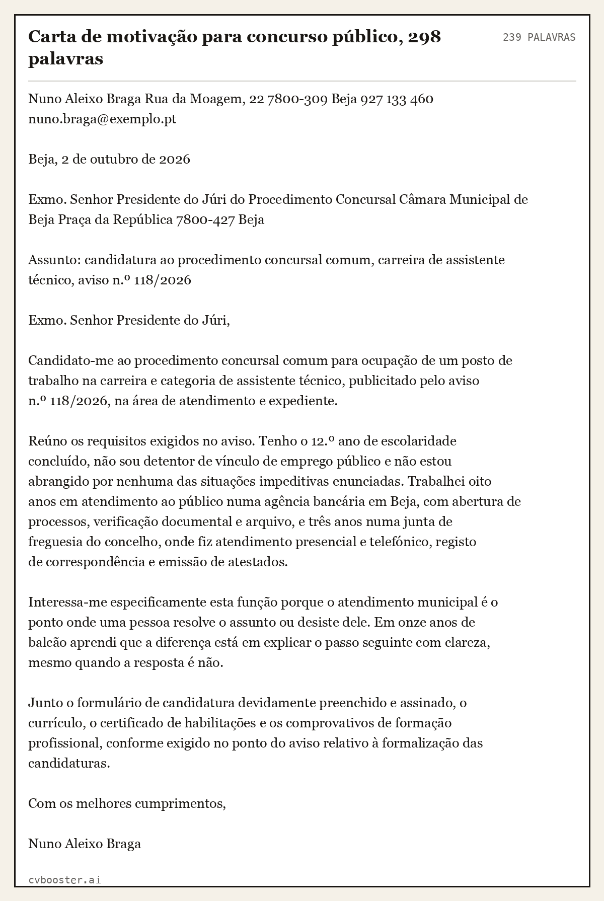 Exemplo completo: Carta de motivação para concurso público, 298 palavras, 239 palavras