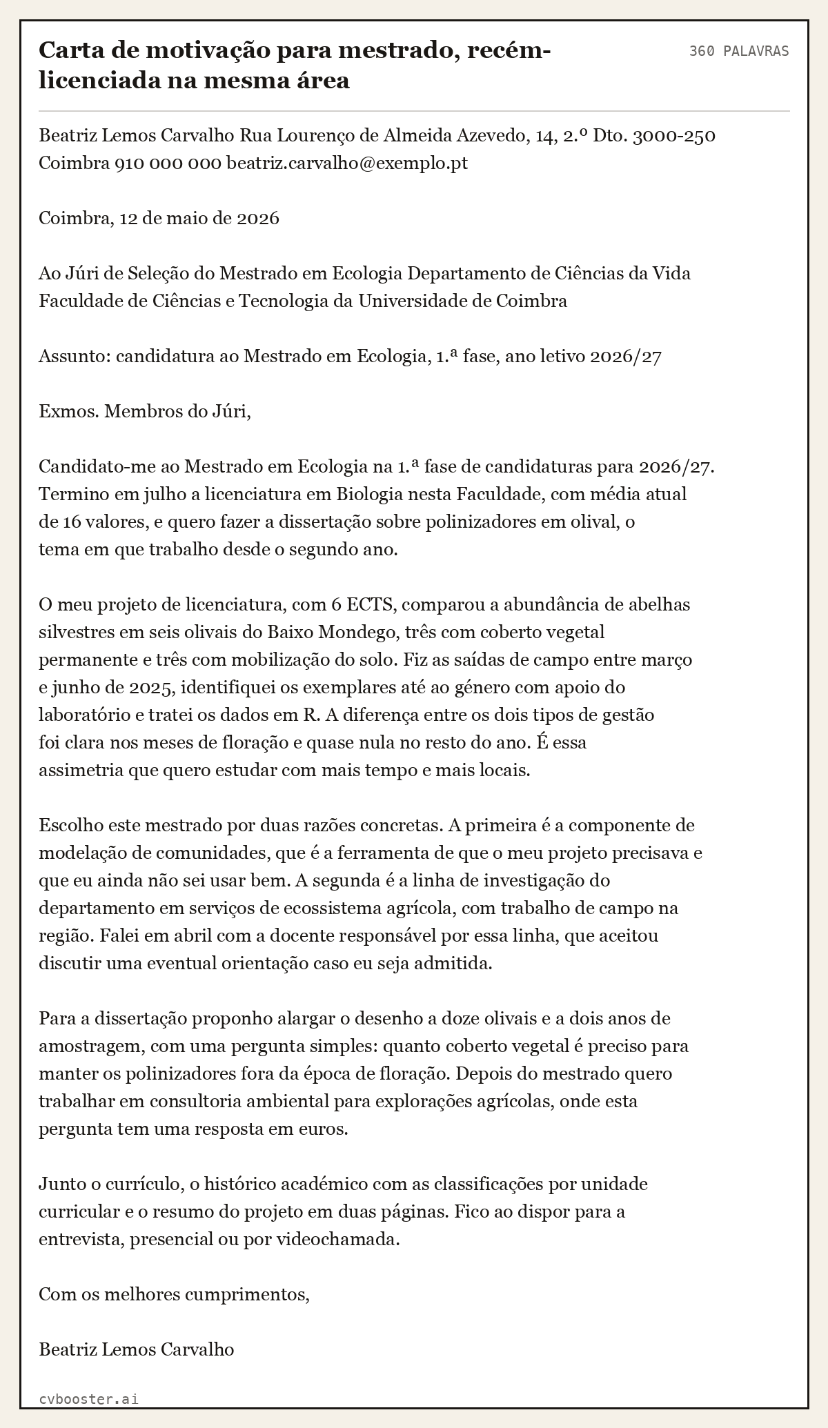 Exemplo completo: Carta de motivação para mestrado, recém-licenciada na mesma área, 360 palavras