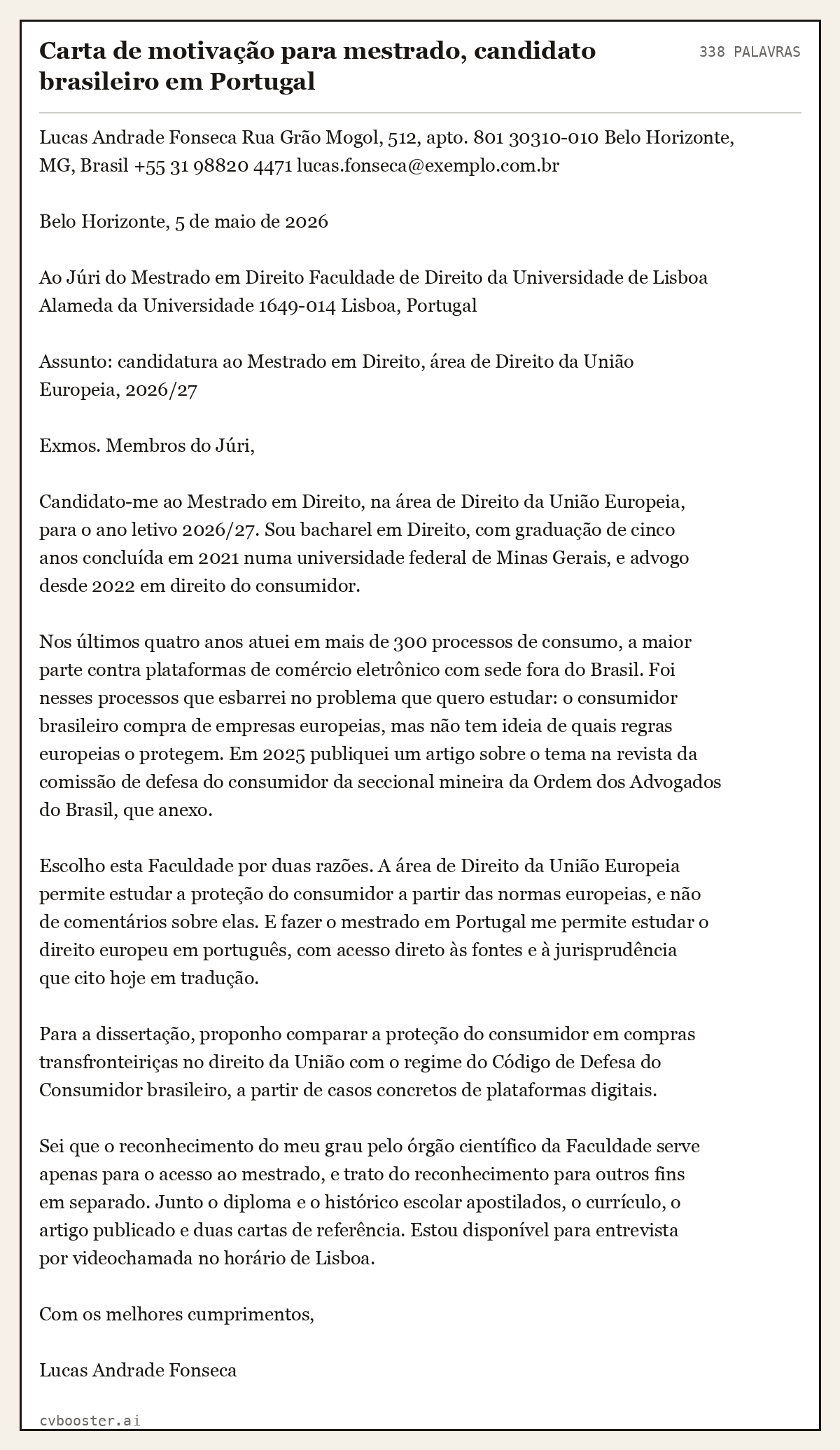 Exemplo completo: Carta de motivação para mestrado, candidato brasileiro em Portugal, 338 palavras