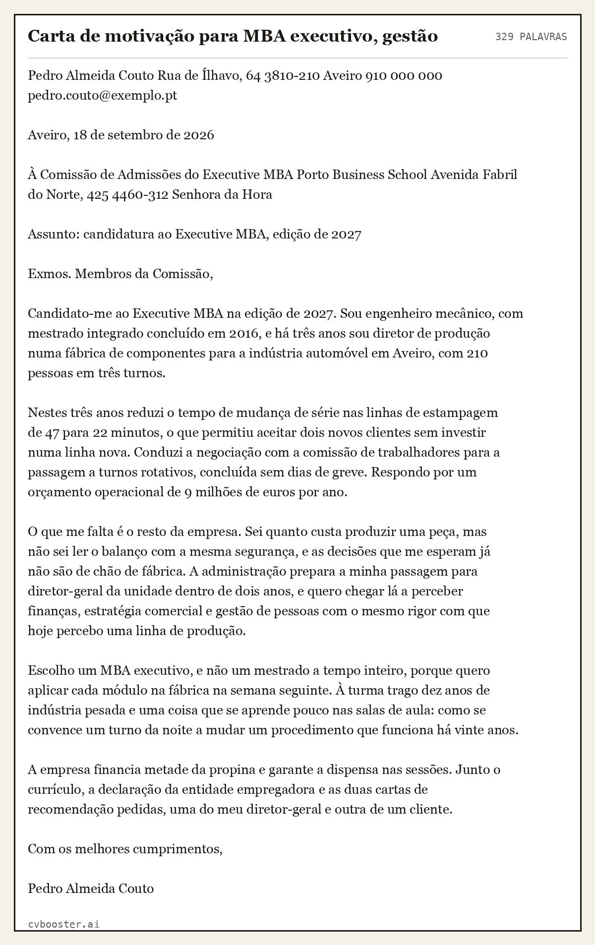 Exemplo completo: Carta de motivação para MBA executivo, gestão, 329 palavras
