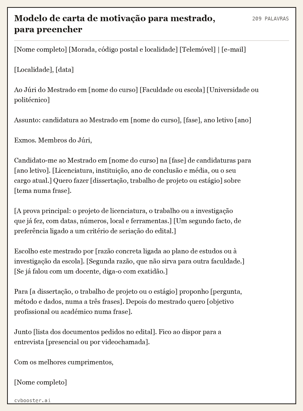 Exemplo completo: Modelo de carta de motivação para mestrado, para preencher, 209 palavras