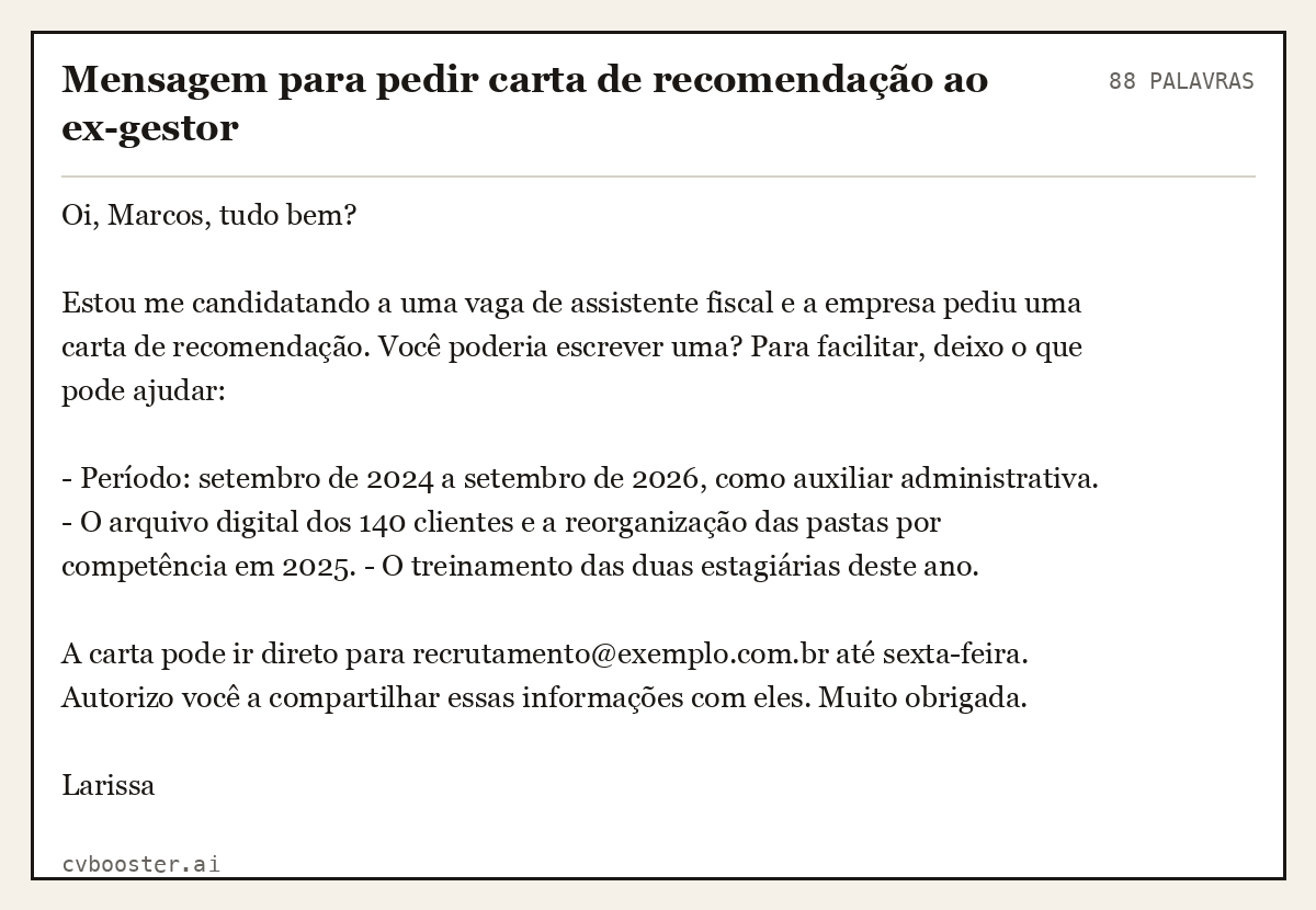 Exemplo completo: Mensagem para pedir carta de recomendação ao ex-gestor, 88 palavras