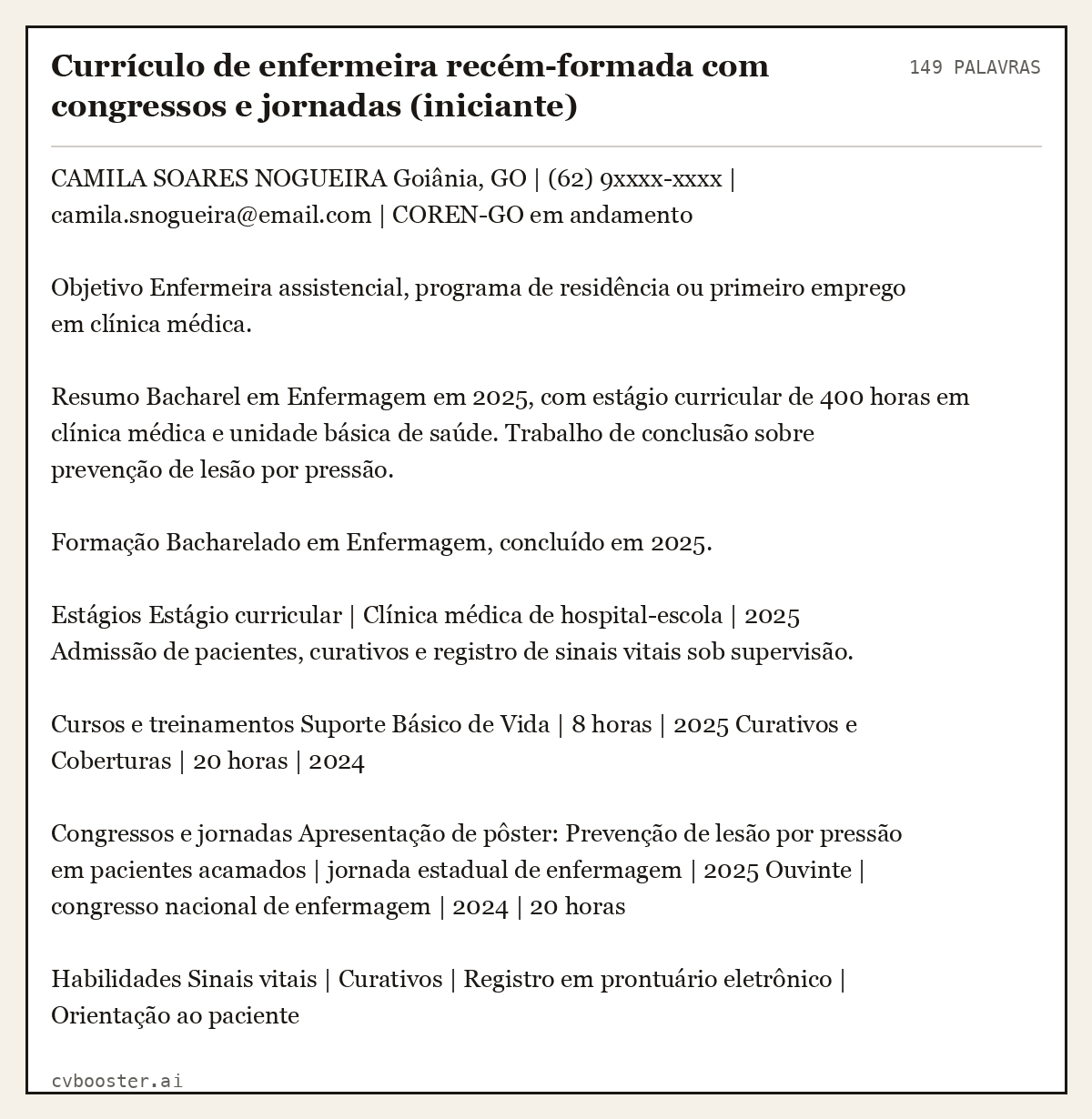 Exemplo completo: Currículo de enfermeira recém-formada com congressos e jornadas (iniciante), 149 palavras