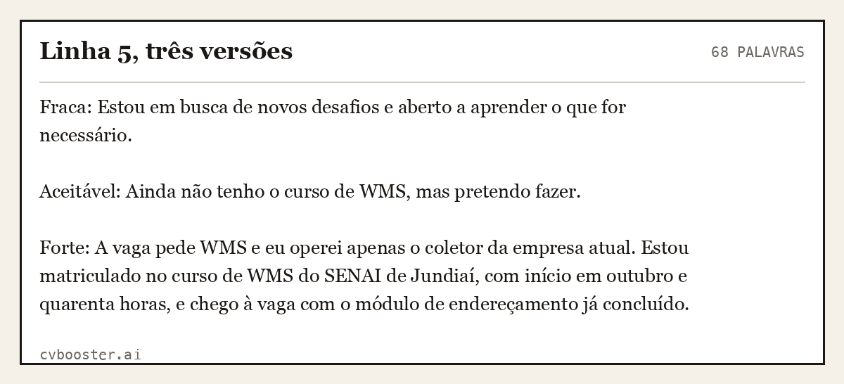Exemplo completo: Linha 5, três versões, 68 palavras