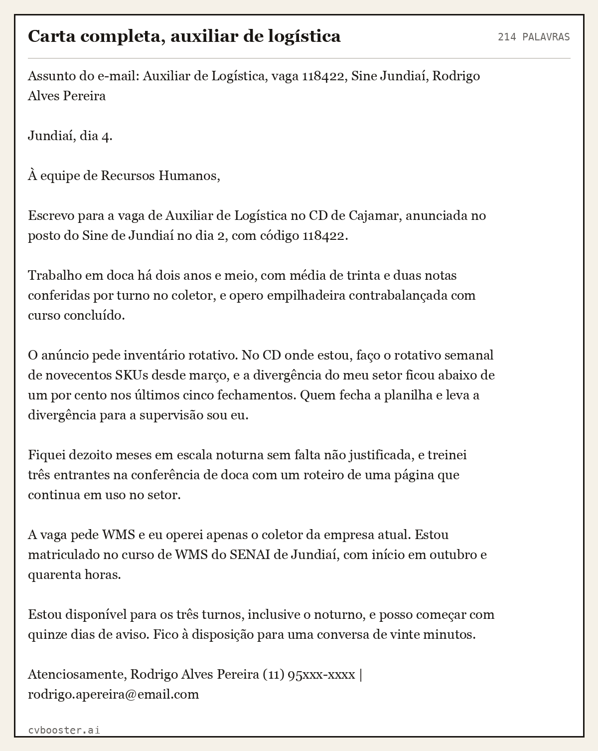 Exemplo completo: Carta completa, auxiliar de logística, 214 palavras