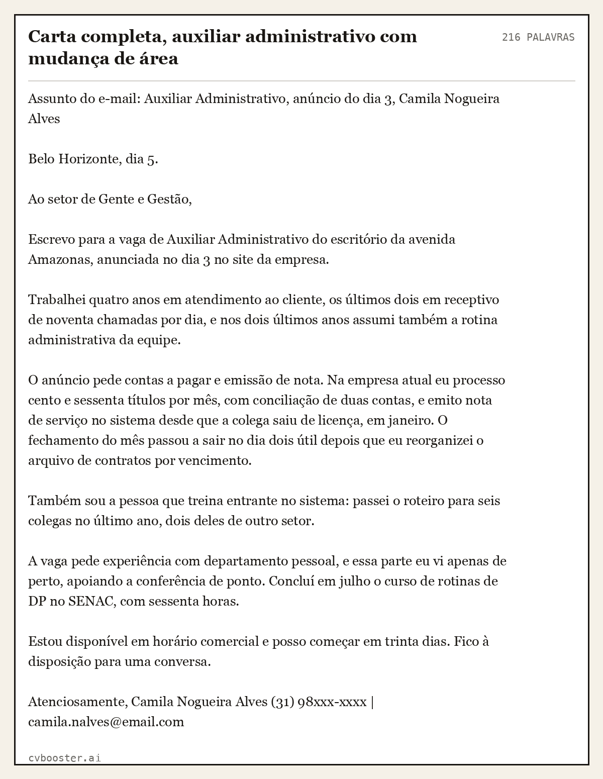 Exemplo completo: Carta completa, auxiliar administrativo com mudança de área, 216 palavras