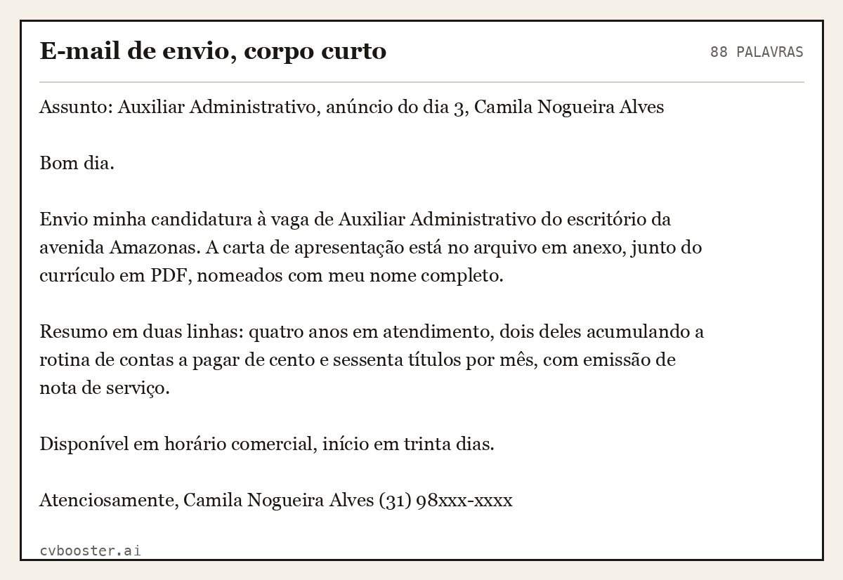 Exemplo completo: E-mail de envio, corpo curto, 88 palavras