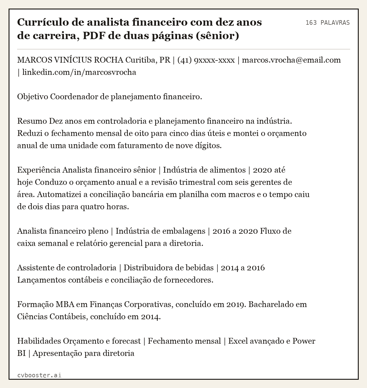 Exemplo completo: Currículo de analista financeiro com dez anos de carreira, PDF de duas páginas (sênior), 163 palavras