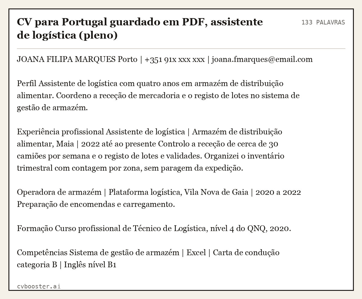 Exemplo completo: CV para Portugal guardado em PDF, assistente de logística (pleno), 133 palavras