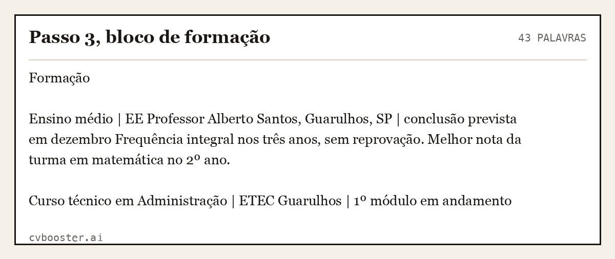 Exemplo completo: Passo 3, bloco de formação, 43 palavras