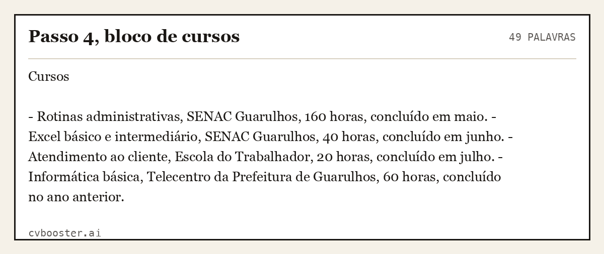 Exemplo completo: Passo 4, bloco de cursos, 49 palavras